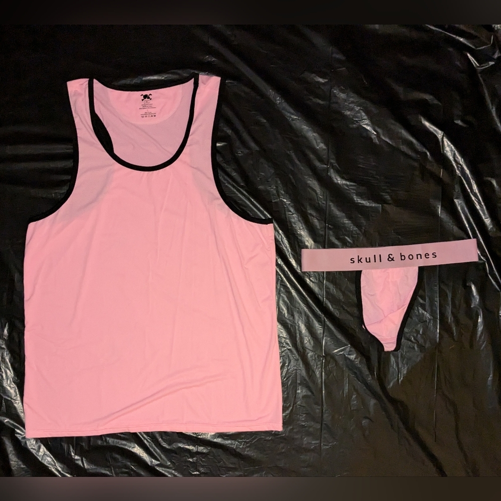 Men's Skull and Bones Pink Mesh tank top and Thong underwear set Size L